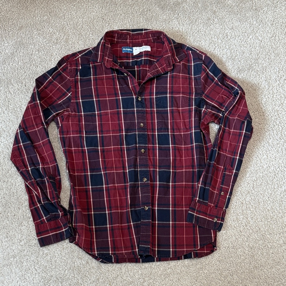 Old Navy Men's Red and Blue Plaid Shirt